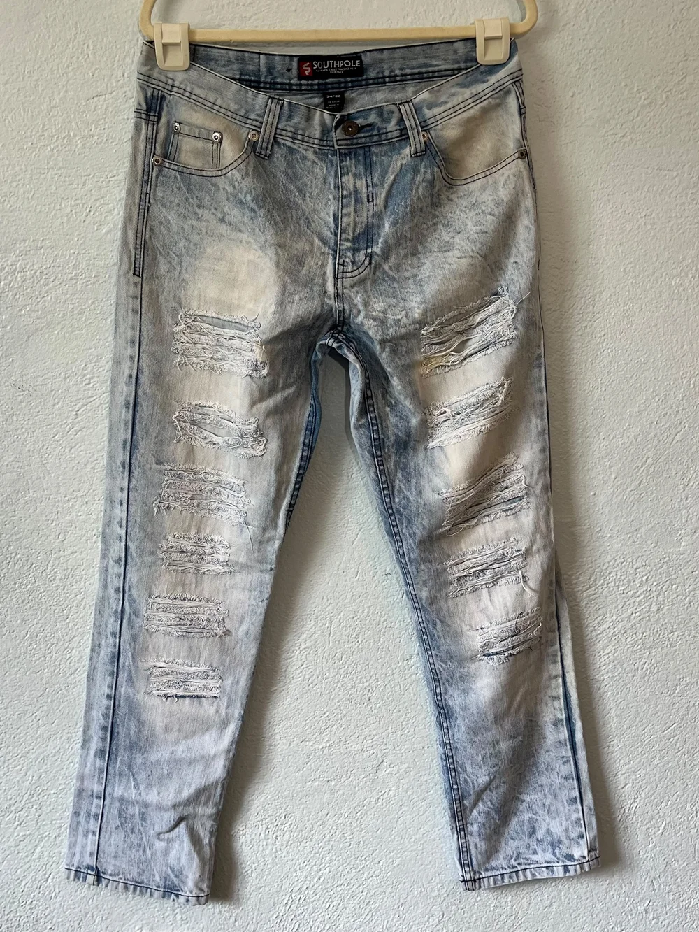 South Pole Men’s Distressed Acid-Wash Jeans - Light Blue
